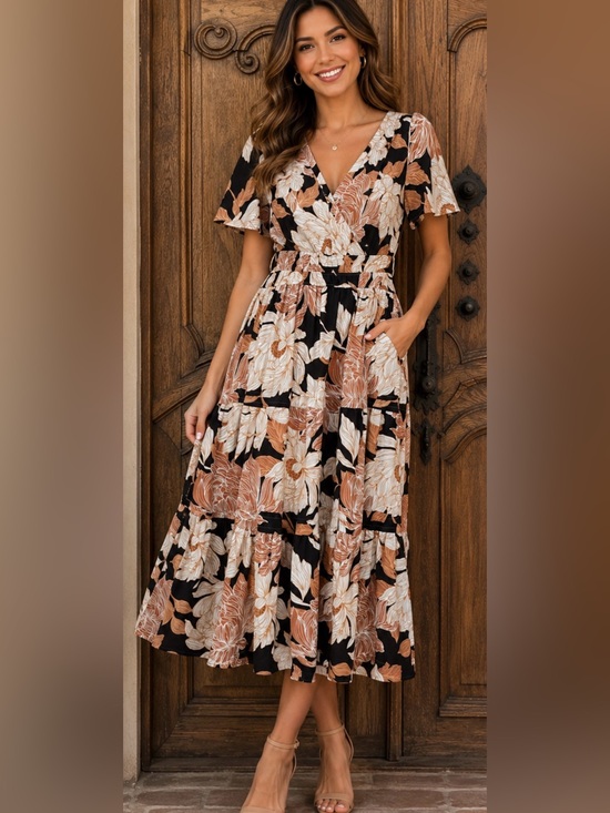 Cynthia Rowley Dresses & Skirts - Cynthia Rowley Black Floral V-Neck Tiered Midi Dress
